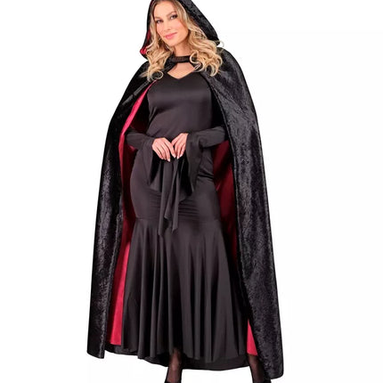 E-Carnavalskleding.nl Cape met kap zwart fluweel met rode binnenvoering 140cm Maud