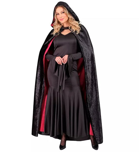 E-Carnavalskleding.nl Cape met kap zwart fluweel met rode binnenvoering 140cm Maud