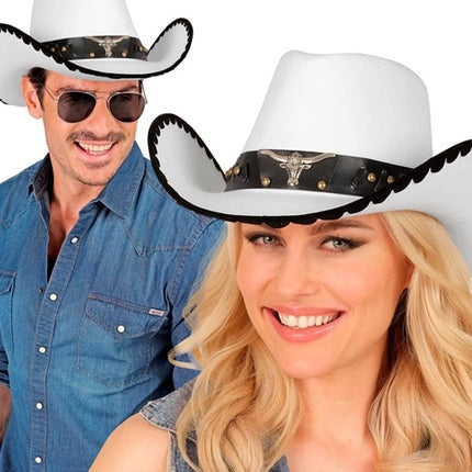 E-Carnavalskleding.nl Cowboyhoed met stier, wit vilt kostuum Liv