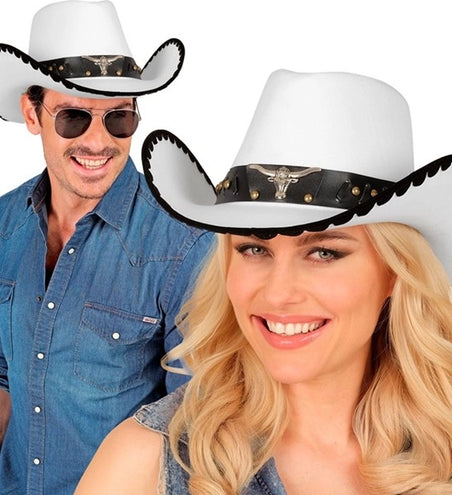 E-Carnavalskleding.nl Cowboyhoed met stier, wit vilt kostuum Liv