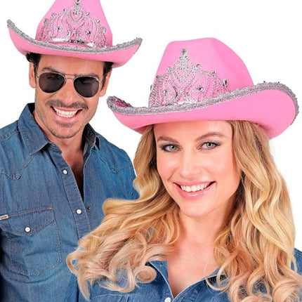 E-Carnavalskleding.nl Cowboyhoed partygirl met tiara roze haarband Siem