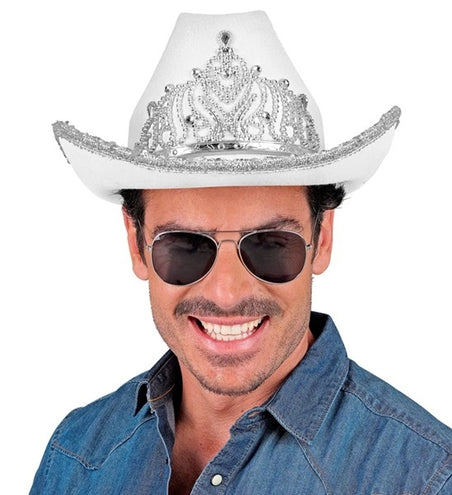 E-Carnavalskleding.nl Cowboyhoed partygirl met tiara wit haarband Maud
