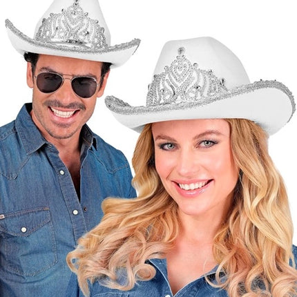 E-Carnavalskleding.nl Cowboyhoed partygirl met tiara wit haarband Maud