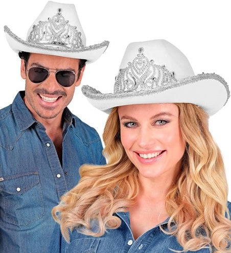 E-Carnavalskleding.nl Cowboyhoed partygirl met tiara wit haarband Maud