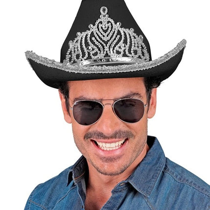 E-Carnavalskleding.nl Cowboyhoed partygirl met tiara zwart haarband Esmee