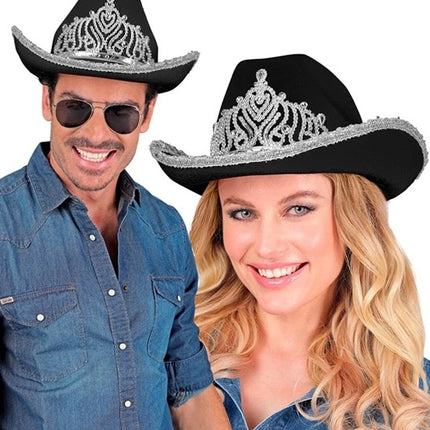 E-Carnavalskleding.nl Cowboyhoed partygirl met tiara zwart haarband Esmee