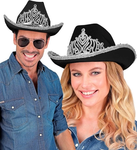 E-Carnavalskleding.nl Cowboyhoed partygirl met tiara zwart haarband Esmee
