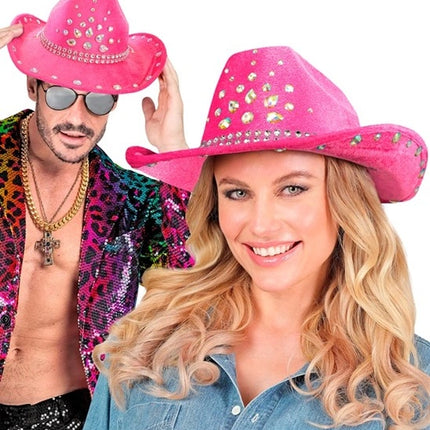 E-Carnavalskleding.nl Cowboyhoed roze met diamanten Daan