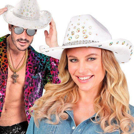 E-Carnavalskleding.nl Cowboyhoed wit met diamanten Nora