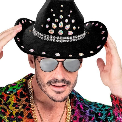 E-Carnavalskleding.nl Cowboyhoed zwart met diamanten Sem