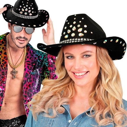 E-Carnavalskleding.nl Cowboyhoed zwart met diamanten Sem