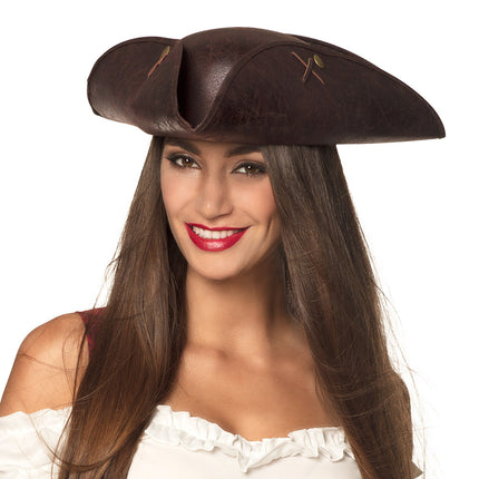 E-Carnavalskleding.nl Driesteek bruin hoed Admiraal Valerie Tricorn