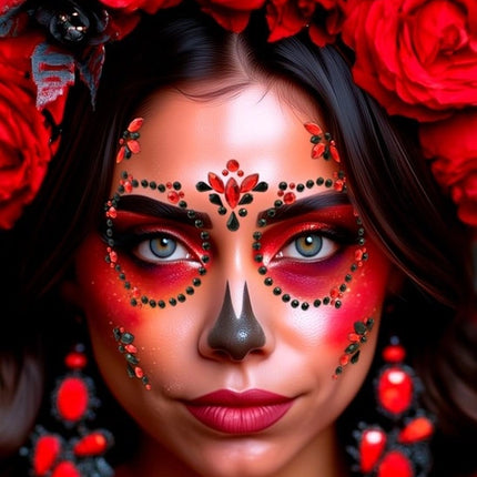 E-Carnavalskleding.nl Gezichtsdecoratie dag van de doden rood/zwart Maud