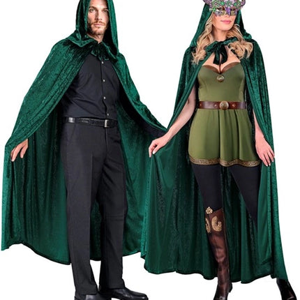 E-Carnavalskleding.nl Groen fluwelen cape met kap 140 cm Finn