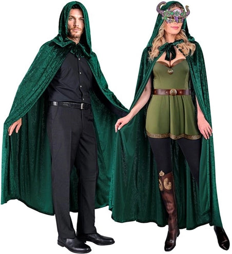 E-Carnavalskleding.nl Groen fluwelen cape met kap 140 cm Finn