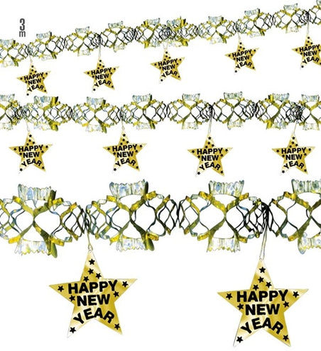 E-Carnavalskleding.nl Happy new year laser slinger goud 3 meter
