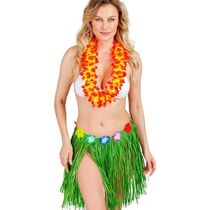 E-Carnavalskleding.nl Hawaiirokje groen met bloemenriem 40cm Maud