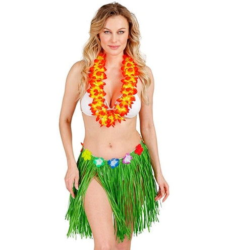 E-Carnavalskleding.nl Hawaiirokje groen met bloemenriem 40cm Maud