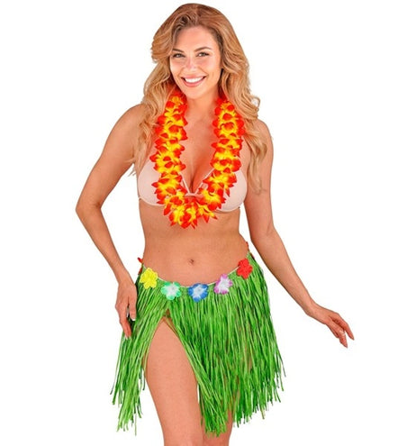 E-Carnavalskleding.nl Hawaiirokje groen met bloemenriem 40cm Maud