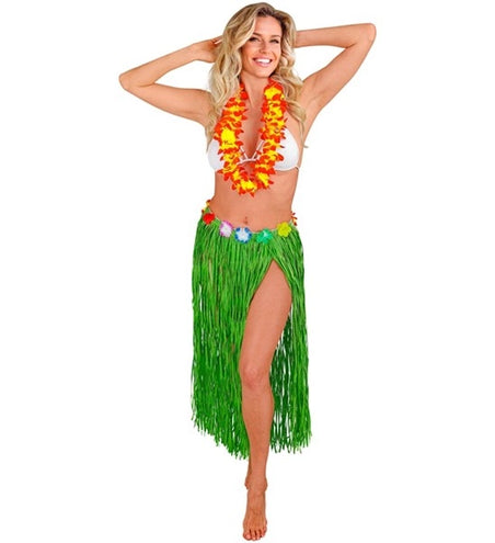 E-Carnavalskleding.nl Hawaiirokje groen met bloemenriem 80cm Eva