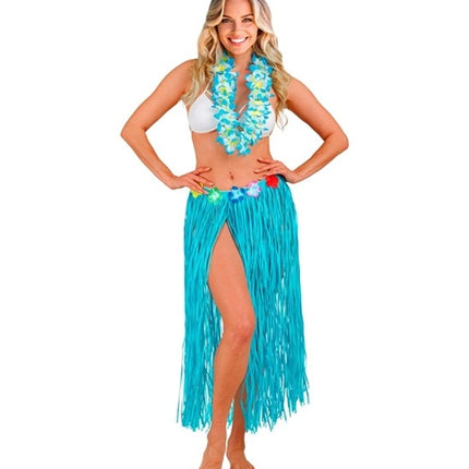 E-Carnavalskleding.nl Hawaiirokje lichtblauw met bloemenriem 80cm Pim