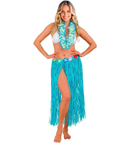E-Carnavalskleding.nl Hawaiirokje lichtblauw met bloemenriem 80cm Pim