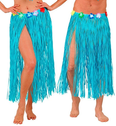E-Carnavalskleding.nl Hawaiirokje lichtblauw met bloemenriem 80cm Pim