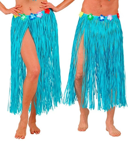 E-Carnavalskleding.nl Hawaiirokje lichtblauw met bloemenriem 80cm Pim