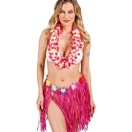 E-Carnavalskleding.nl Hawaiirokje roze met bloemenriem 40cm Sophie