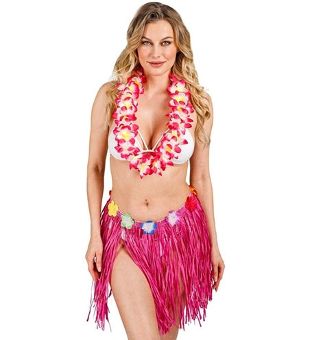 E-Carnavalskleding.nl Hawaiirokje roze met bloemenriem 40cm Sophie