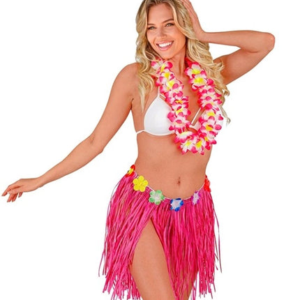 E-Carnavalskleding.nl Hawaiirokje roze met bloemenriem 40cm Sophie