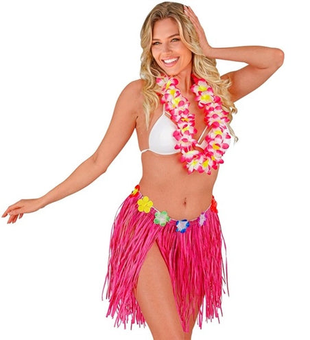 E-Carnavalskleding.nl Hawaiirokje roze met bloemenriem 40cm Sophie