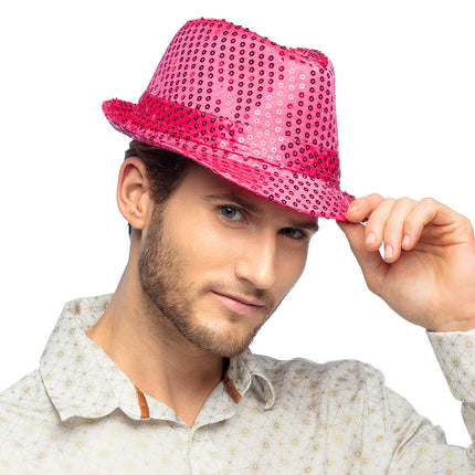 E-Carnavalskleding.nl Hoed Popstar sequins fuchsia