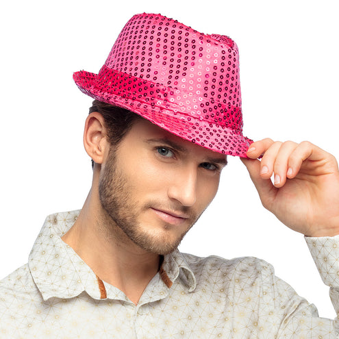 E-Carnavalskleding.nl Hoed Popstar sequins fuchsia