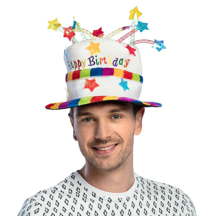 E-Carnavalskleding.nl Hoed regenboog cake 'Happy Birthday'