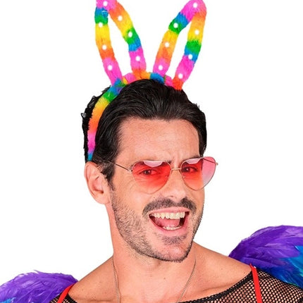 E-Carnavalskleding.nl Hoofdband konijn regenboog met lampje Siem