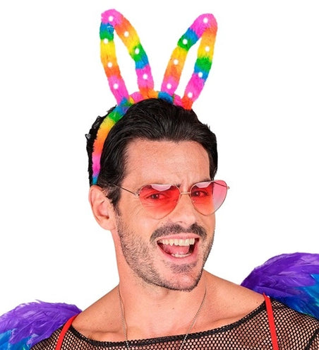 E-Carnavalskleding.nl Hoofdband konijn regenboog met lampje Siem