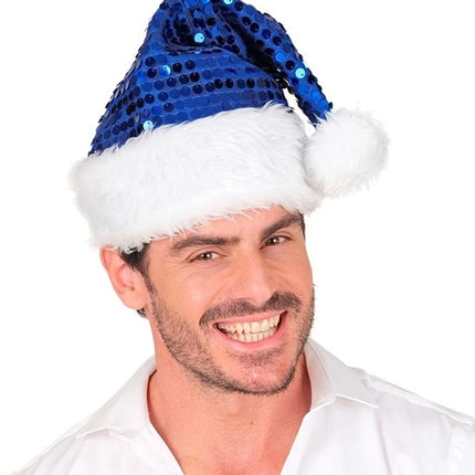 E-Carnavalskleding.nl Kerstman muts pluche en pailletten blauw Lotte