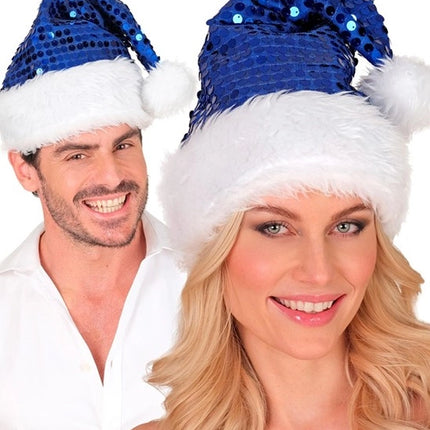 E-Carnavalskleding.nl Kerstman muts pluche en pailletten blauw Lotte