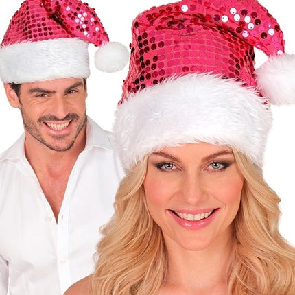 E-Carnavalskleding.nl Kerstman muts pluche en pailletten roze Joep