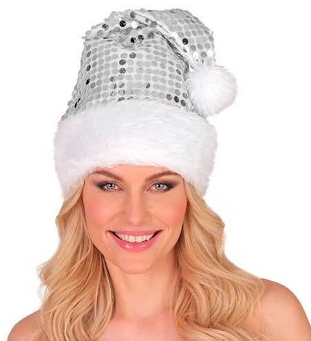 E-Carnavalskleding.nl Kerstman muts pluche en pailletten zilver Milan