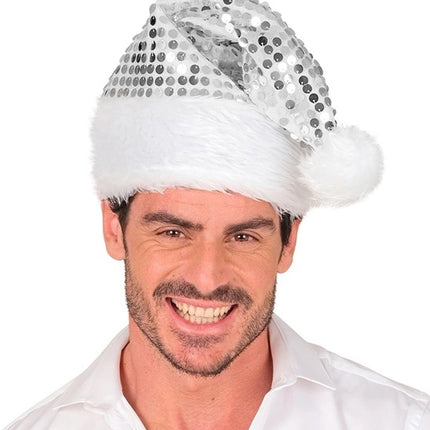 E-Carnavalskleding.nl Kerstman muts pluche en pailletten zilver Milan