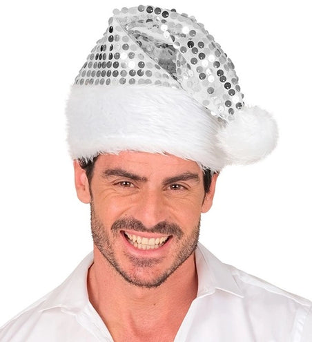 E-Carnavalskleding.nl Kerstman muts pluche en pailletten zilver Milan