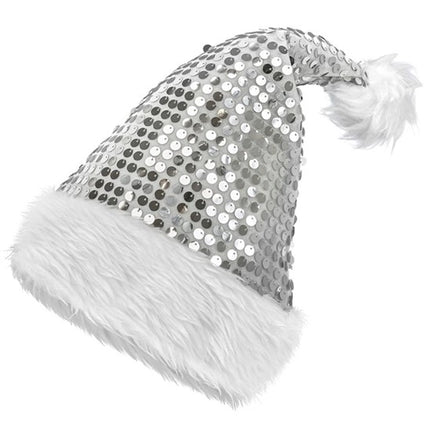 E-Carnavalskleding.nl Kerstman muts pluche en pailletten zilver Milan