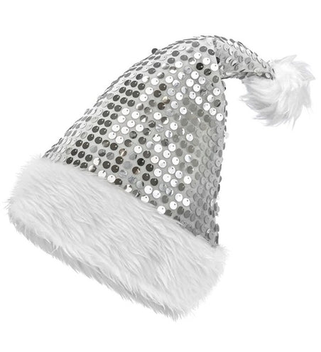 E-Carnavalskleding.nl Kerstman muts pluche en pailletten zilver Milan