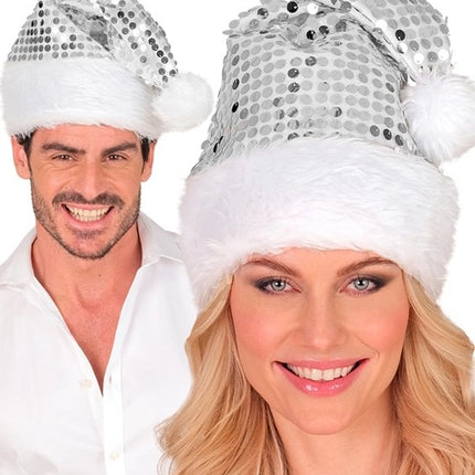 E-Carnavalskleding.nl Kerstman muts pluche en pailletten zilver Milan