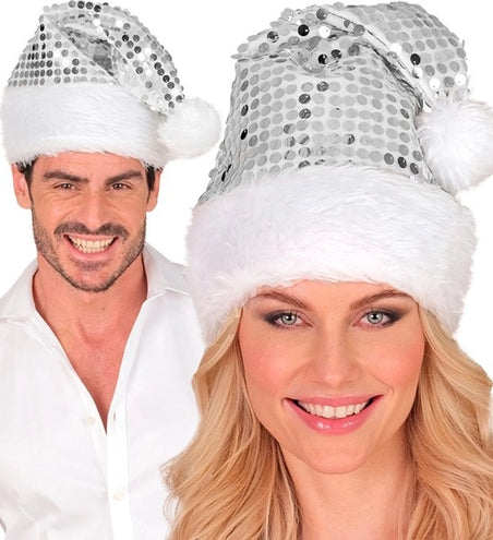 E-Carnavalskleding.nl Kerstman muts pluche en pailletten zilver Milan