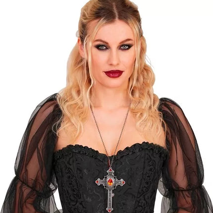 E-Carnavalskleding.nl Ketting kruis met rode juwelen Lotte