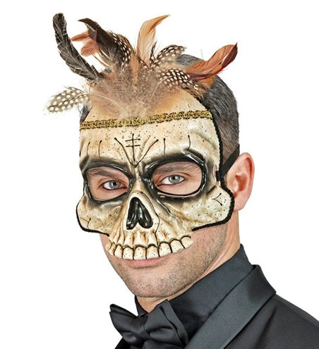 E-Carnavalskleding.nl Kinloos masker voodoo schedel met veren Maud
