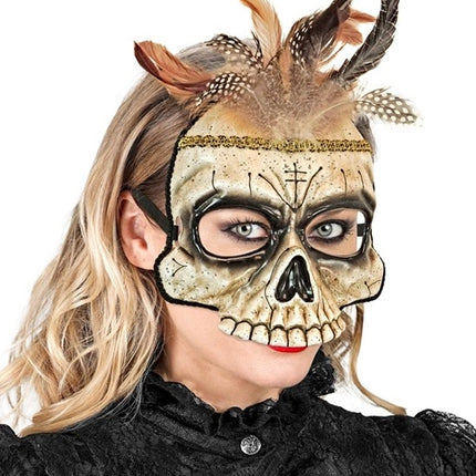 E-Carnavalskleding.nl Kinloos masker voodoo schedel met veren Maud
